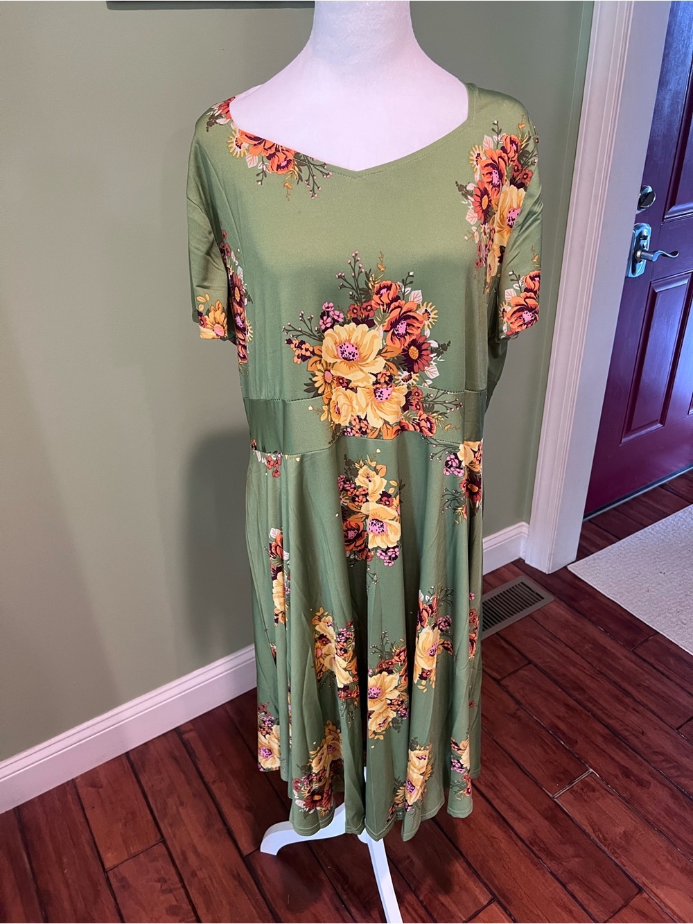 Olive Green Midi Dress with Yellow Floral Print